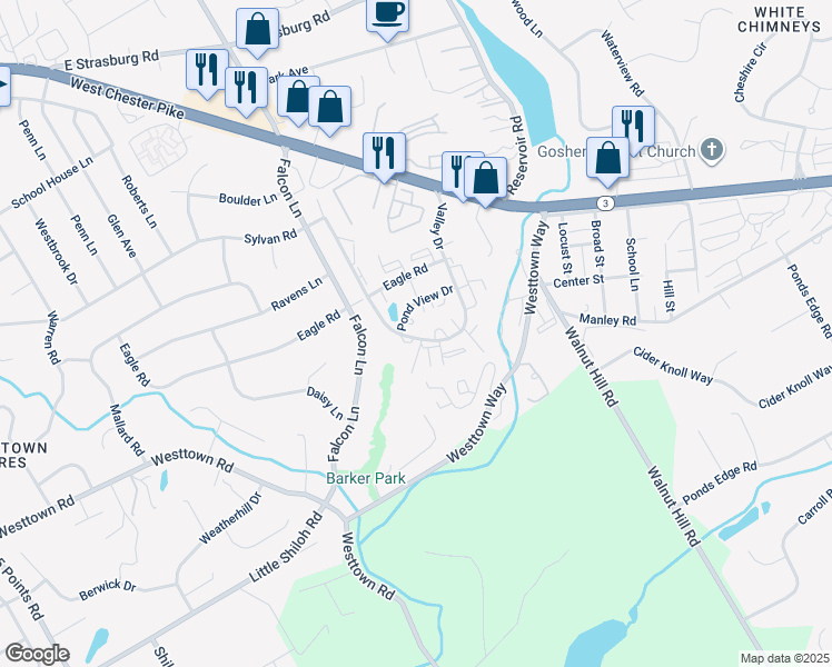 map of restaurants, bars, coffee shops, grocery stores, and more near 1819 Valley Drive in West Chester