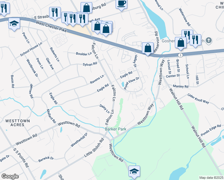 map of restaurants, bars, coffee shops, grocery stores, and more near 802 Falcon Lane in West Chester