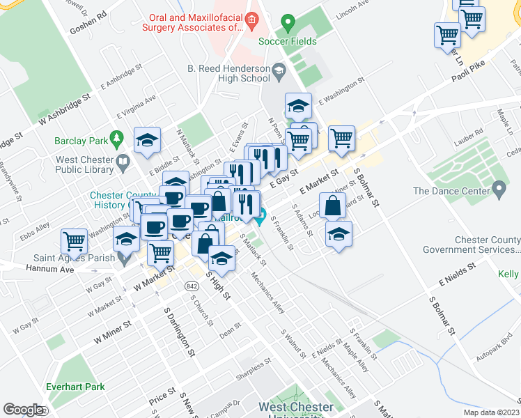 map of restaurants, bars, coffee shops, grocery stores, and more near 252 East Market Street in West Chester