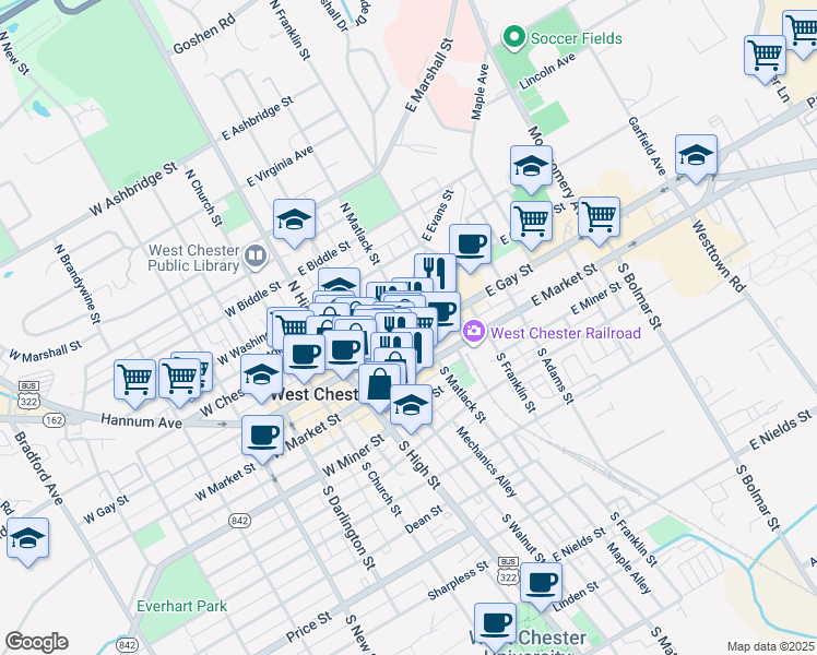 map of restaurants, bars, coffee shops, grocery stores, and more near 143 East Gay Street in West Chester