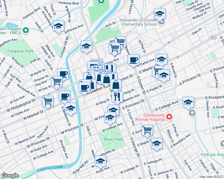 map of restaurants, bars, coffee shops, grocery stores, and more near 20 West Market Street in York