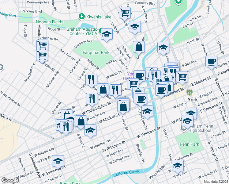 map of restaurants, bars, coffee shops, grocery stores, and more near 127 Roosevelt Avenue in York