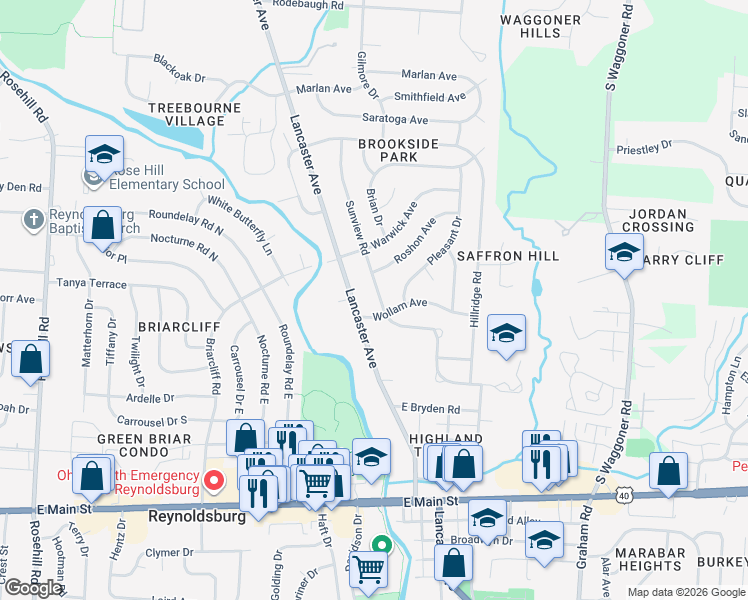 map of restaurants, bars, coffee shops, grocery stores, and more near 1065 Sunview Road in Reynoldsburg