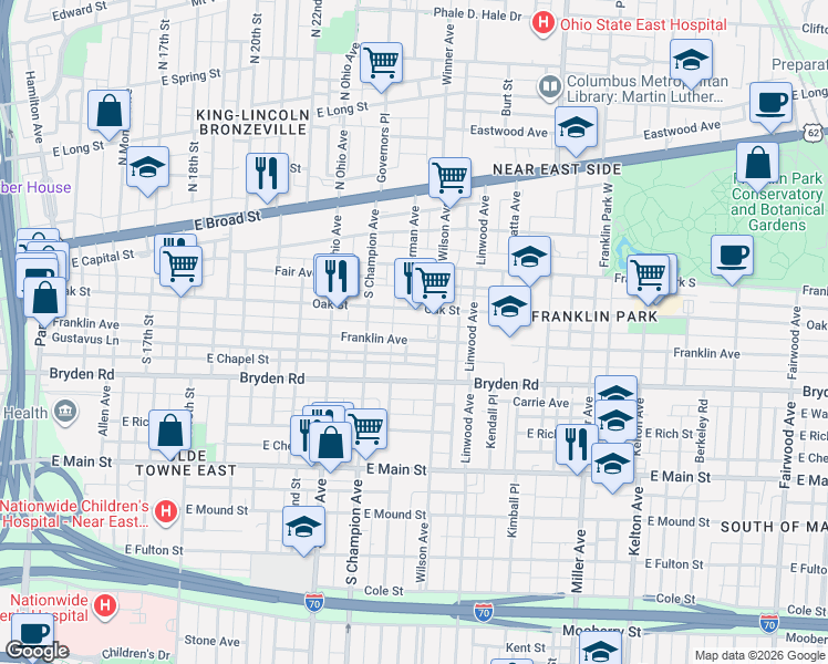 map of restaurants, bars, coffee shops, grocery stores, and more near 1199 Franklin Avenue in Columbus