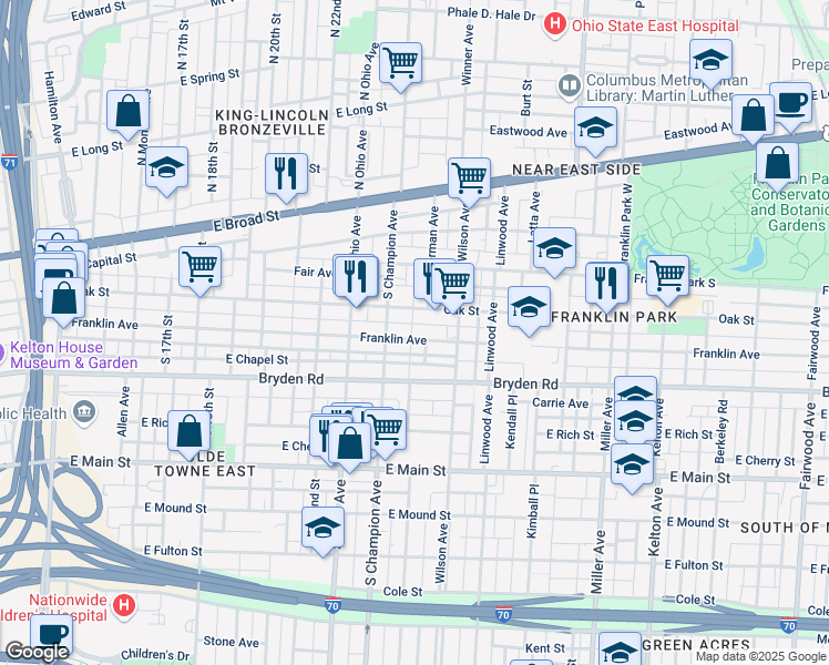 map of restaurants, bars, coffee shops, grocery stores, and more near 1199 Franklin Avenue in Columbus