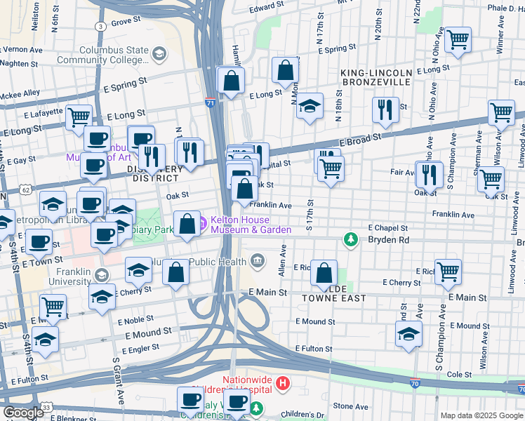 map of restaurants, bars, coffee shops, grocery stores, and more near 139 South Garfield Avenue in Columbus