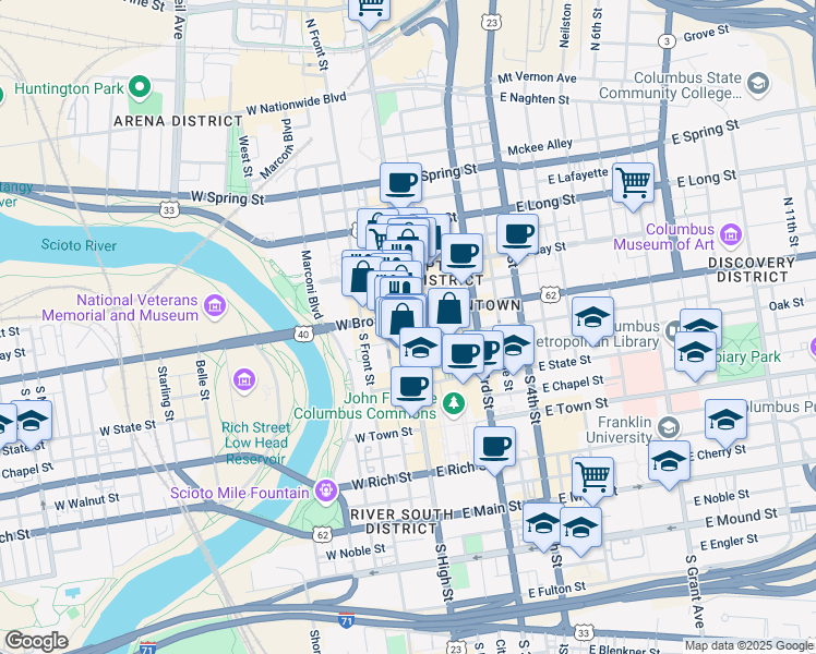 map of restaurants, bars, coffee shops, grocery stores, and more near 17 South High Street in Columbus