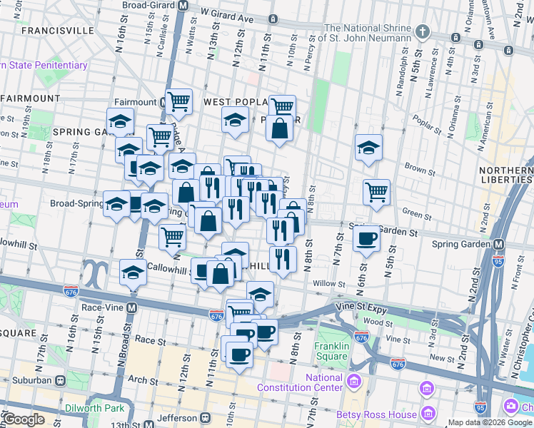 map of restaurants, bars, coffee shops, grocery stores, and more near 941 Spring Garden Street in Philadelphia