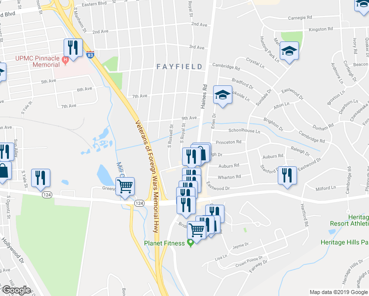 map of restaurants, bars, coffee shops, grocery stores, and more near 969 South Royal Street in York