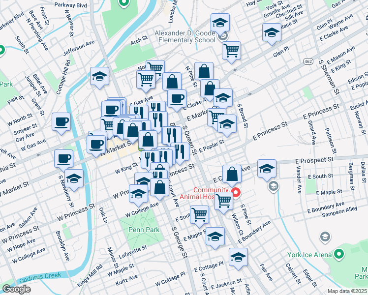 map of restaurants, bars, coffee shops, grocery stores, and more near 115 South Howard Street in York