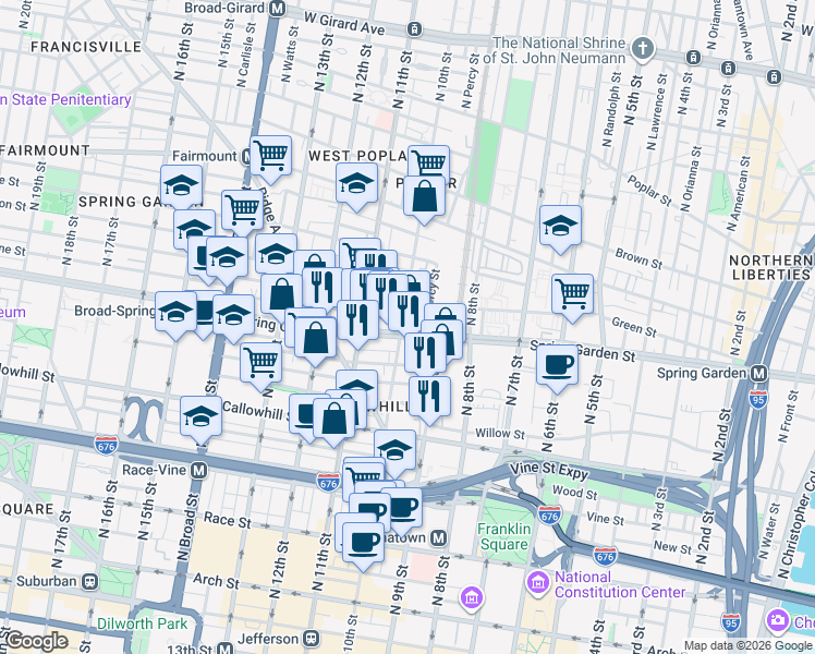 map of restaurants, bars, coffee shops, grocery stores, and more near 1000-02 Spring Garden Street in Philadelphia