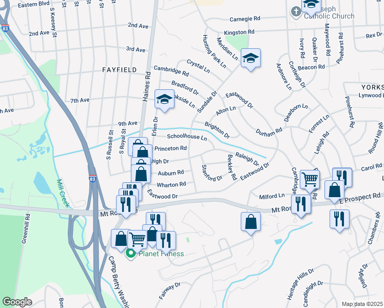 map of restaurants, bars, coffee shops, grocery stores, and more near 2501 Raleigh Drive in East York