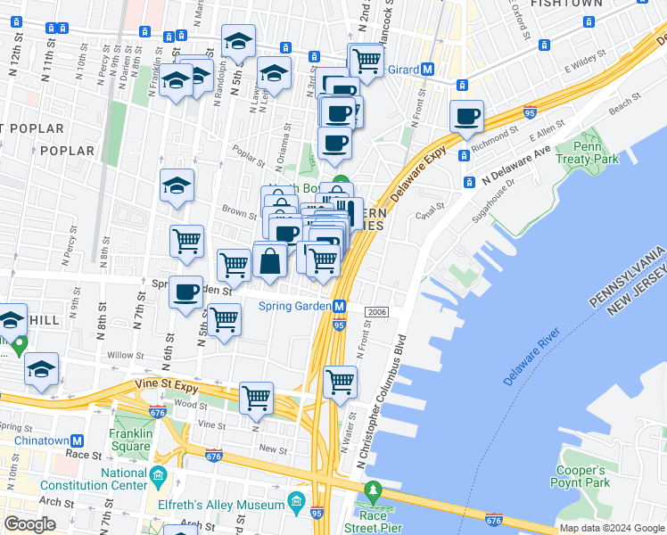 map of restaurants, bars, coffee shops, grocery stores, and more near 155 Fairmount Avenue in Philadelphia