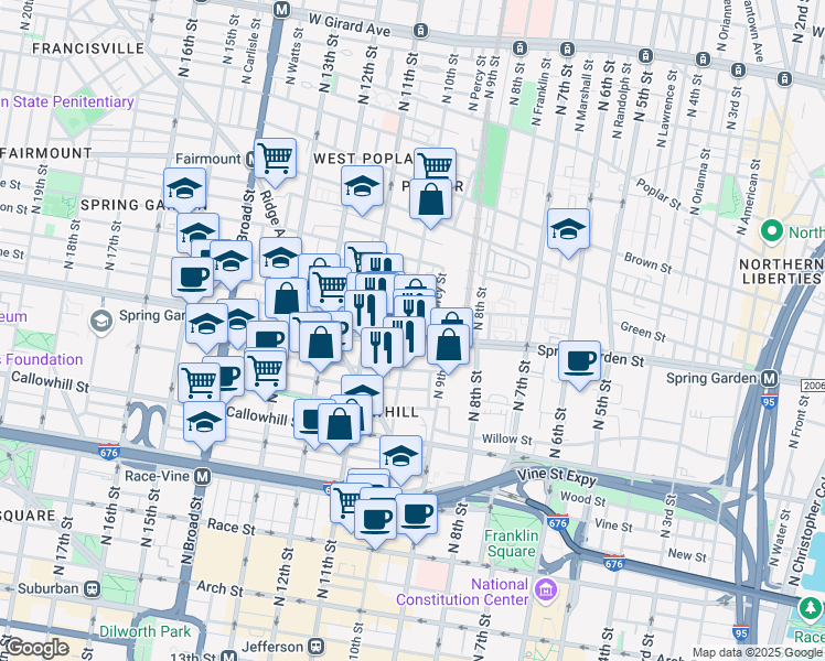 map of restaurants, bars, coffee shops, grocery stores, and more near 939 Spring Garden Street in Philadelphia