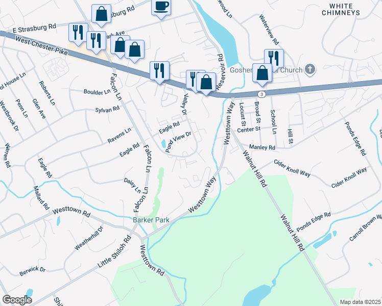 map of restaurants, bars, coffee shops, grocery stores, and more near 1416 Valley Drive in West Chester