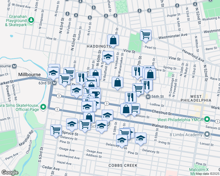 map of restaurants, bars, coffee shops, grocery stores, and more near 5854 Market Street in Philadelphia