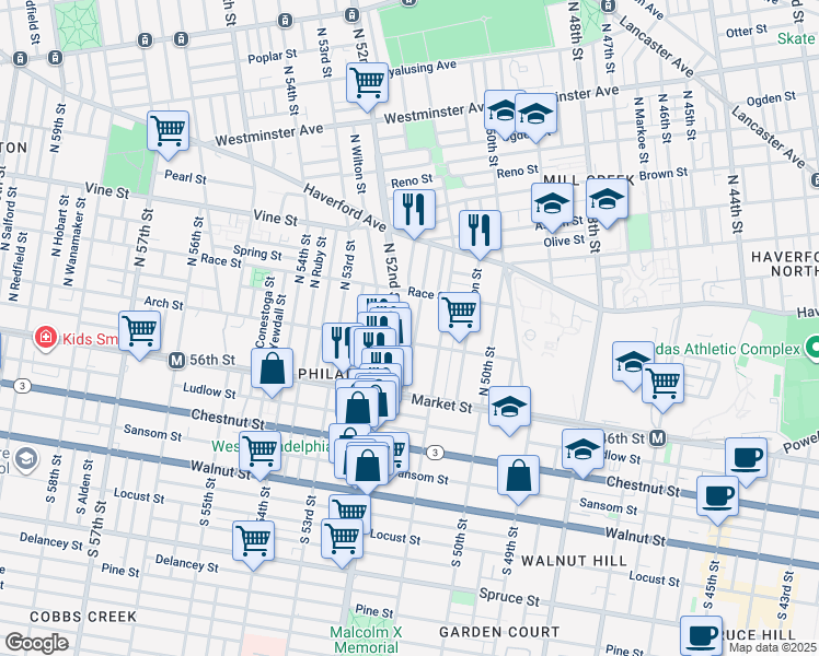 map of restaurants, bars, coffee shops, grocery stores, and more near 116 North Paxon Street in Philadelphia