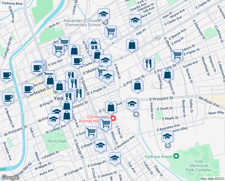map of restaurants, bars, coffee shops, grocery stores, and more near 335 East Princess Street in York