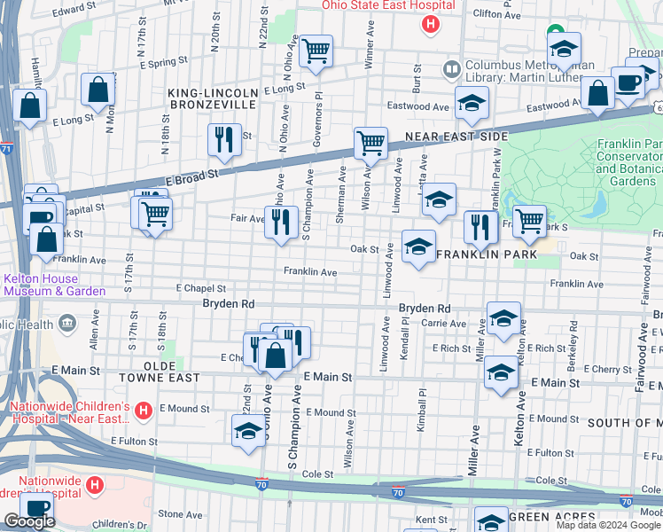 map of restaurants, bars, coffee shops, grocery stores, and more near 1199 Franklin Avenue in Columbus