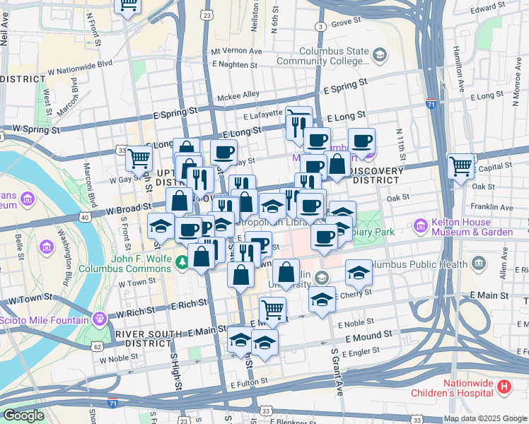 map of restaurants, bars, coffee shops, grocery stores, and more near 32 South 5th Street in Columbus