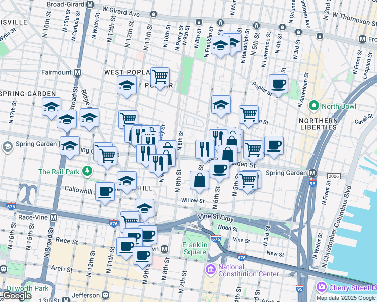 map of restaurants, bars, coffee shops, grocery stores, and more near 531 Perth Place in Philadelphia