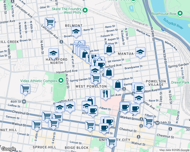 map of restaurants, bars, coffee shops, grocery stores, and more near 428 North 40th Street in Philadelphia