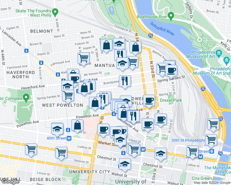 map of restaurants, bars, coffee shops, grocery stores, and more near 3625 Hamilton Street in Philadelphia
