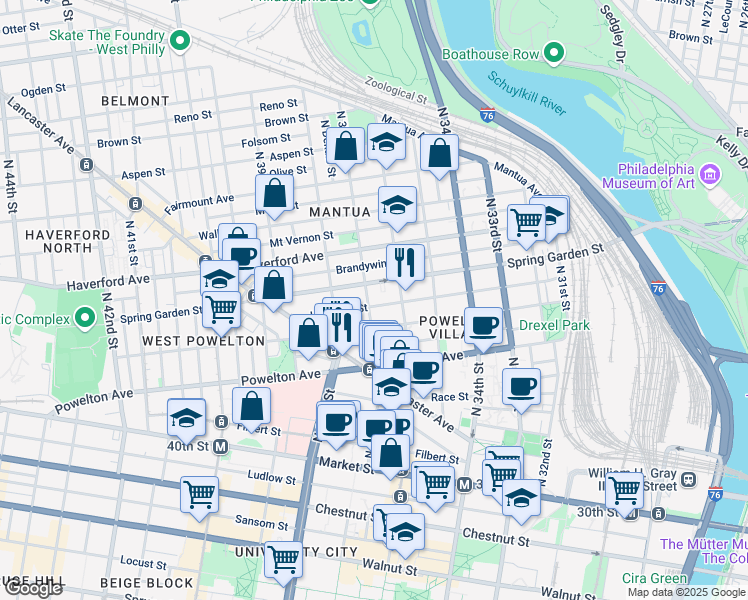 map of restaurants, bars, coffee shops, grocery stores, and more near 3627 Hamilton Street in Philadelphia