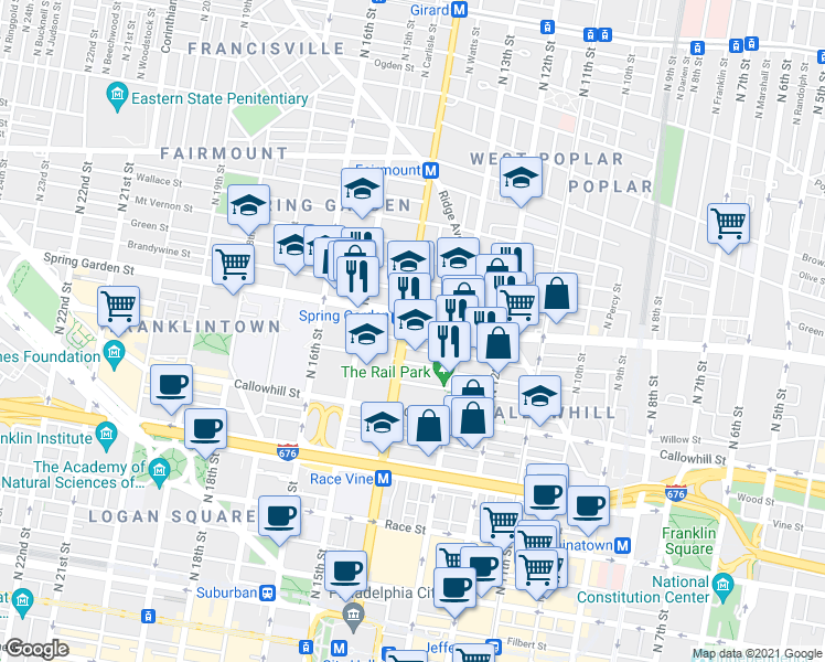 map of restaurants, bars, coffee shops, grocery stores, and more near 1730 Pine Street in Philadelphia