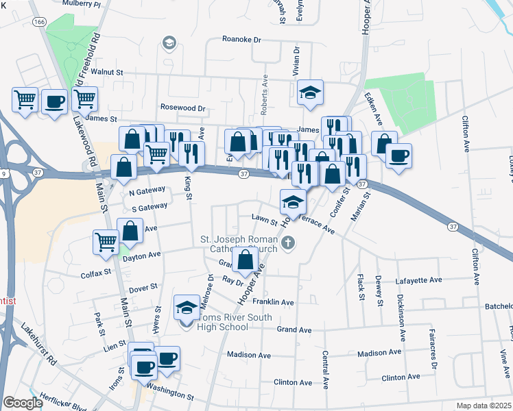 map of restaurants, bars, coffee shops, grocery stores, and more near 40 Field Street in Toms River