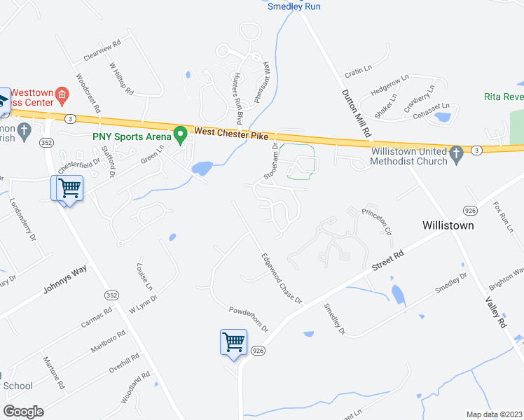 map of restaurants, bars, coffee shops, grocery stores, and more near 1398 Wellesley Terrace in West Chester