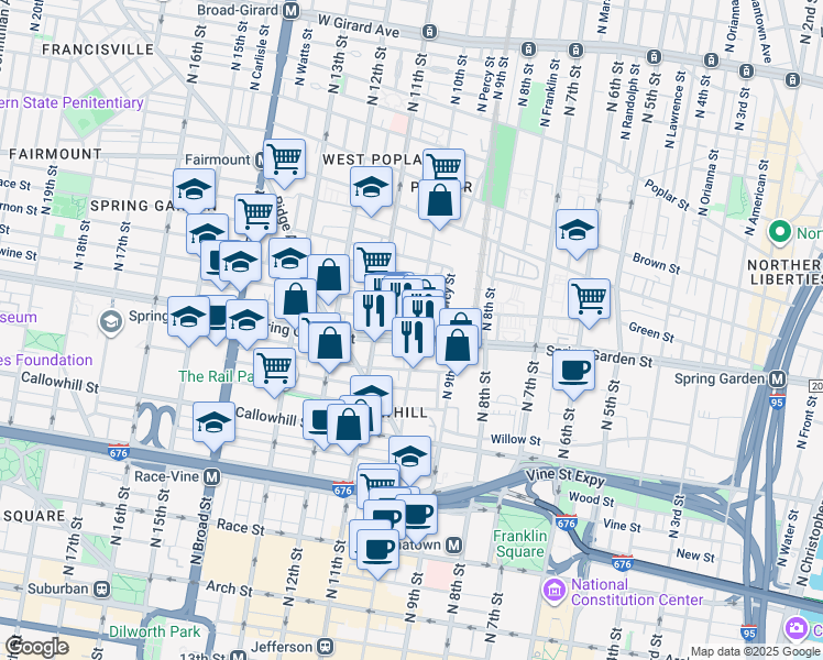 map of restaurants, bars, coffee shops, grocery stores, and more near 1005 Spring Garden Street in Philadelphia
