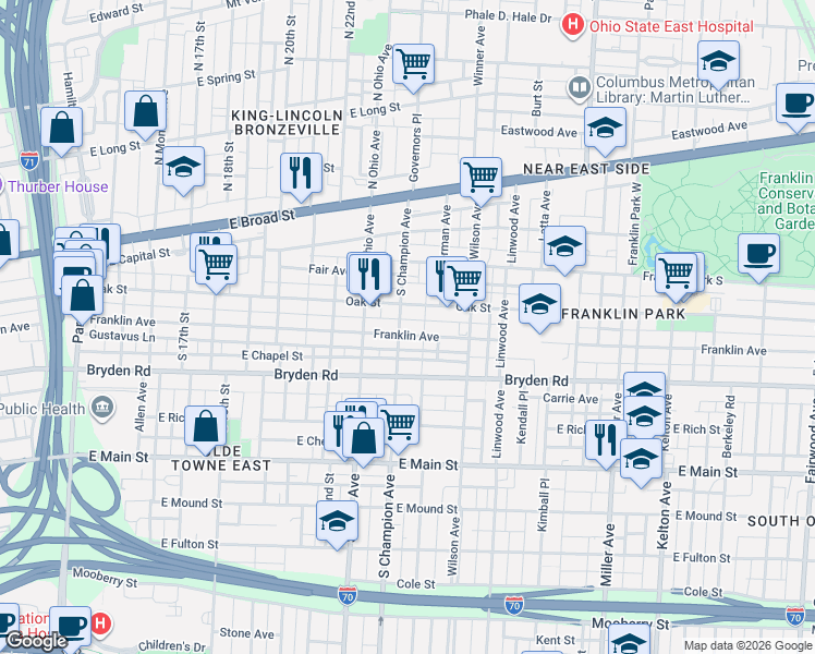 map of restaurants, bars, coffee shops, grocery stores, and more near 1170 Franklin Avenue in Columbus