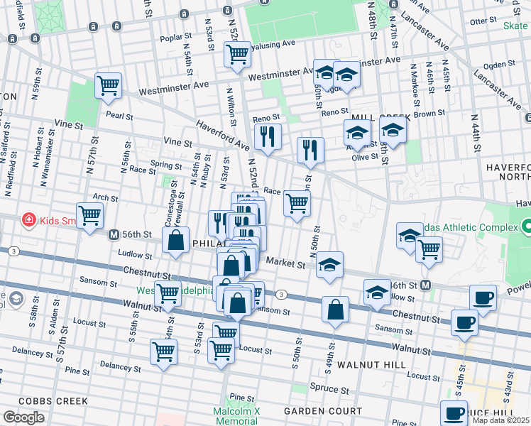 map of restaurants, bars, coffee shops, grocery stores, and more near 118 North Paxon Street in Philadelphia