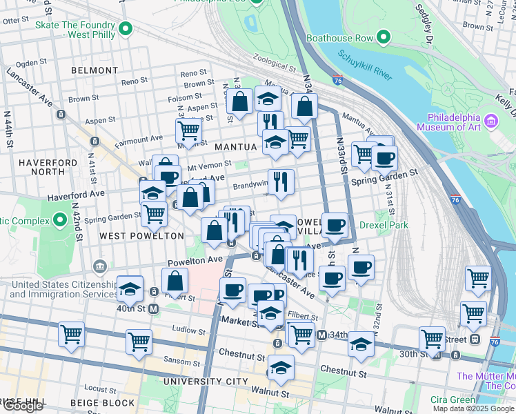map of restaurants, bars, coffee shops, grocery stores, and more near 3629 Hamilton Street in Philadelphia