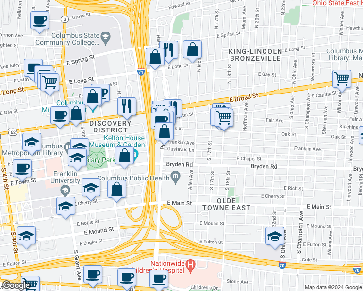 map of restaurants, bars, coffee shops, grocery stores, and more near 133 South Garfield Avenue in Columbus