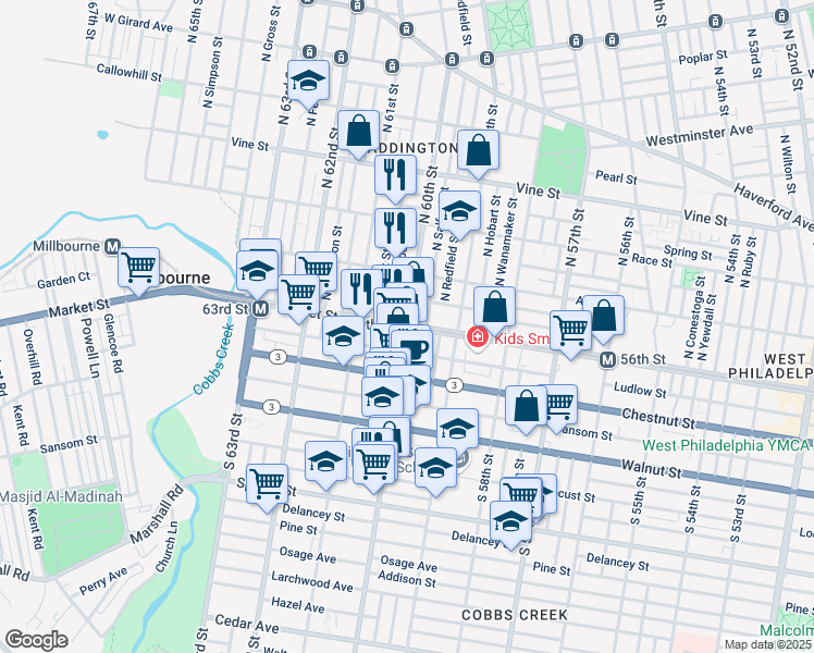 map of restaurants, bars, coffee shops, grocery stores, and more near 6011-25 Ludlow Street in Philadelphia