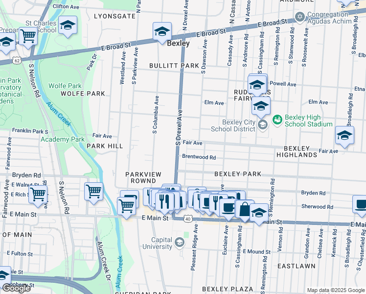 map of restaurants, bars, coffee shops, grocery stores, and more near 2364 Brentwood Road in Columbus