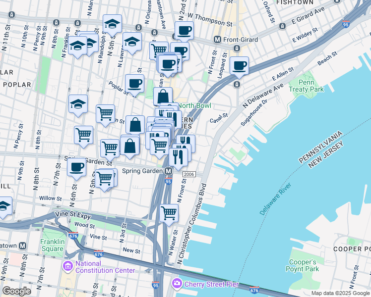 map of restaurants, bars, coffee shops, grocery stores, and more near 116 Fairmount Avenue in Philadelphia