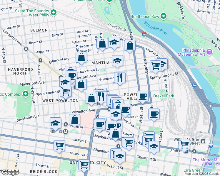 map of restaurants, bars, coffee shops, grocery stores, and more near 3629 Hamilton Street in Philadelphia