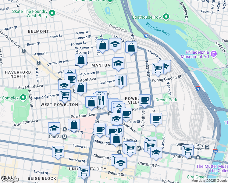 map of restaurants, bars, coffee shops, grocery stores, and more near 3613 Hamilton Street in Philadelphia