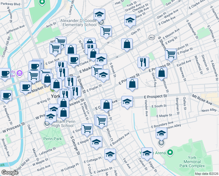 map of restaurants, bars, coffee shops, grocery stores, and more near 332 East Princess Street in York