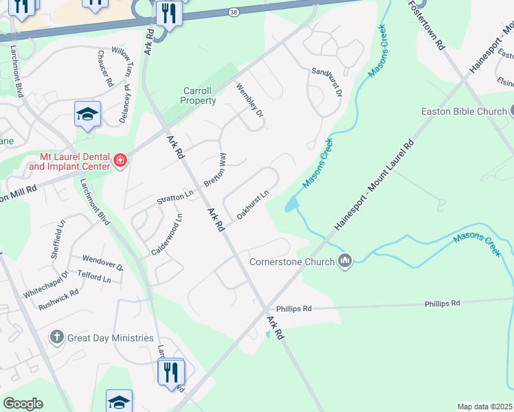 map of restaurants, bars, coffee shops, grocery stores, and more near 12 Oakhurst Lane in Mount Laurel Township