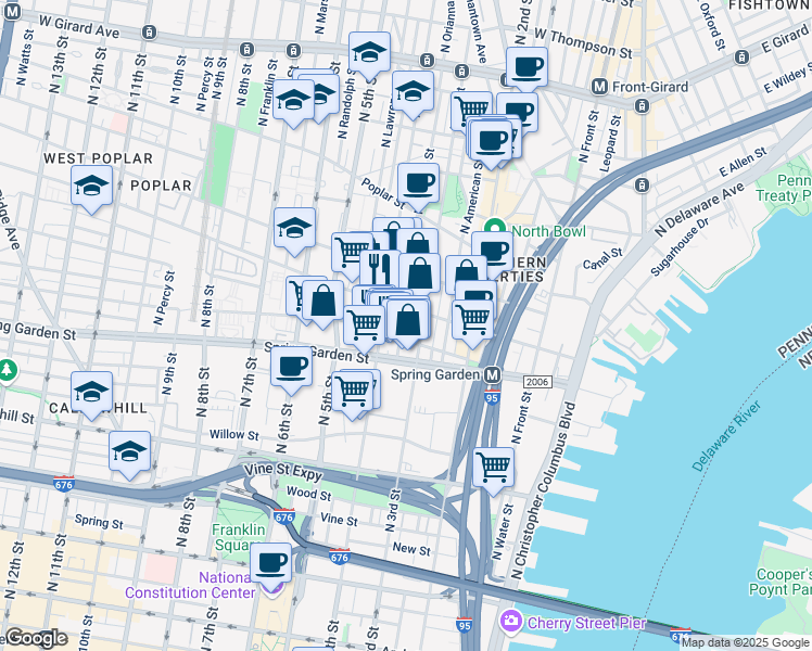 map of restaurants, bars, coffee shops, grocery stores, and more near 545 North Orianna Street in Philadelphia