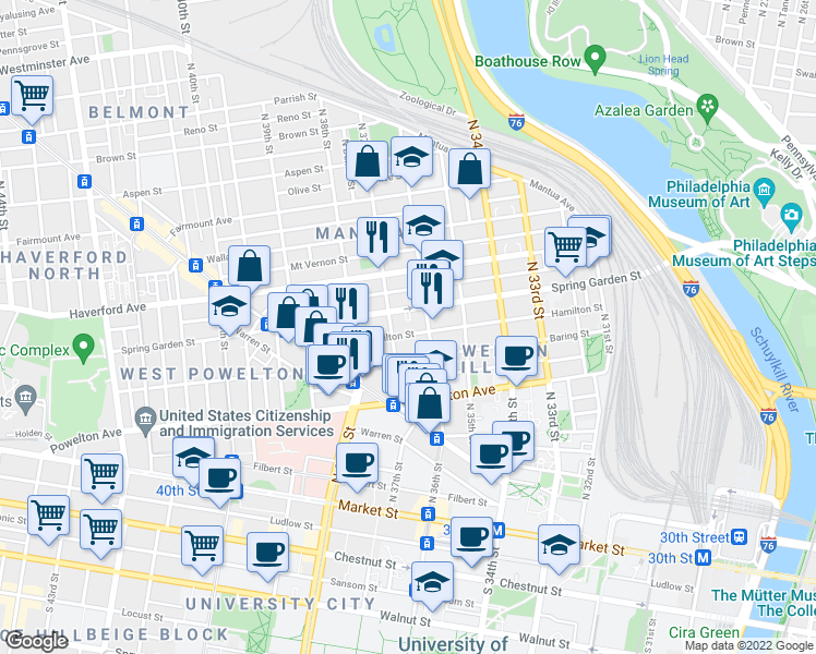 map of restaurants, bars, coffee shops, grocery stores, and more near 3613 Hamilton Street in Philadelphia