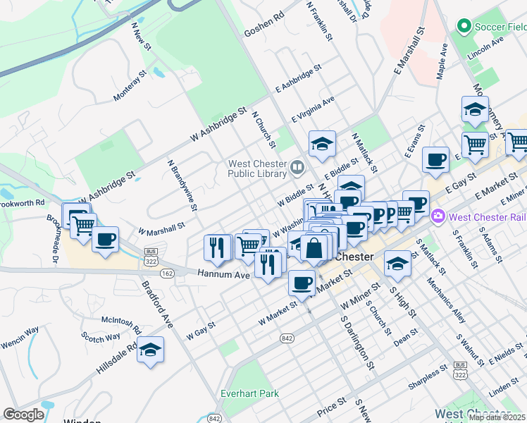 map of restaurants, bars, coffee shops, grocery stores, and more near 223 West Biddle Street in West Chester
