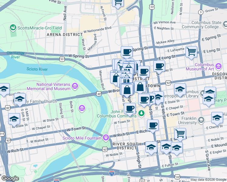 map of restaurants, bars, coffee shops, grocery stores, and more near West Broad Street in Columbus