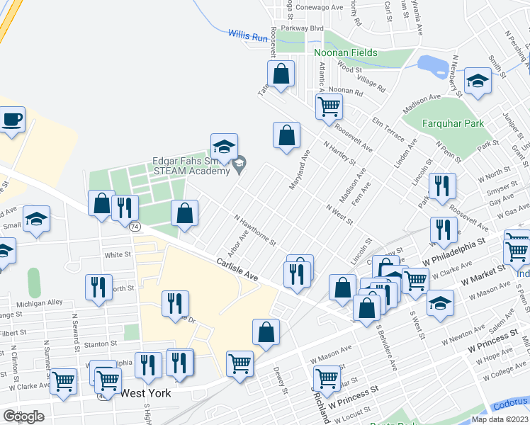 map of restaurants, bars, coffee shops, grocery stores, and more near 707 Maryland Avenue in York