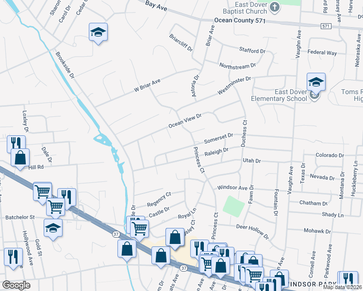 map of restaurants, bars, coffee shops, grocery stores, and more near 853 Somerset Drive in Toms River