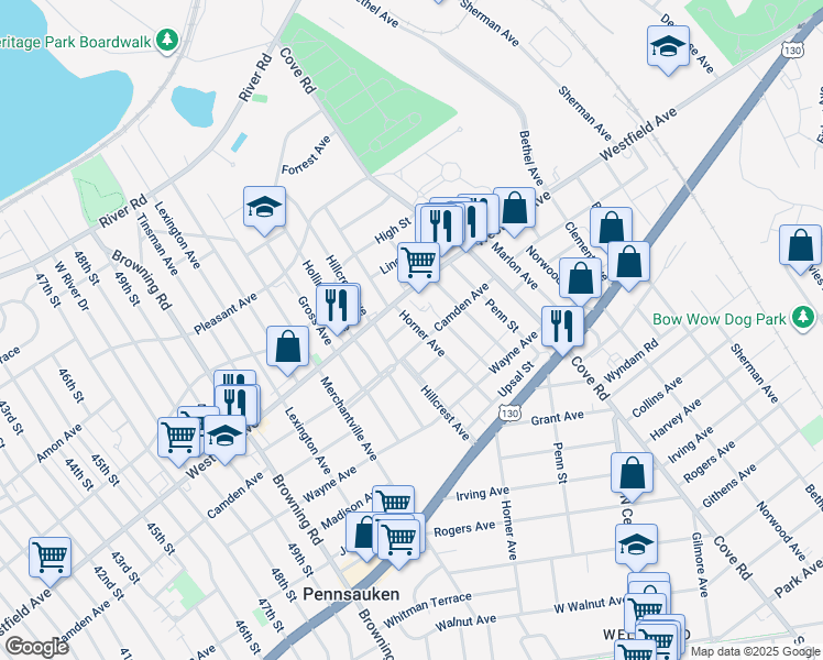 map of restaurants, bars, coffee shops, grocery stores, and more near 6015 Camden Avenue in Pennsauken Township